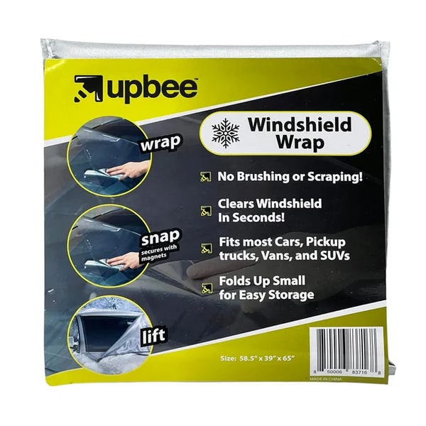 A magnetic windshield cover designed to prevent ice and snow buildup, fitting most vehicles and folding for easy storage; size 58.5\“ x 39.65\“.