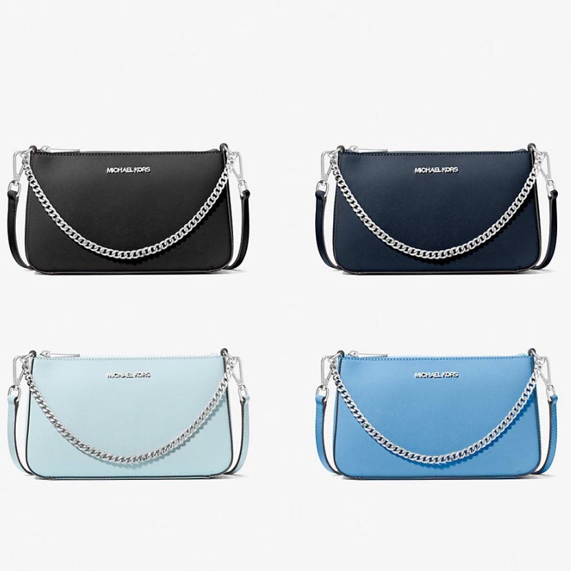 Four shoulder bags with silver chain straps, in black, navy blue, light blue, and sky blue, each featuring a logo on the front.