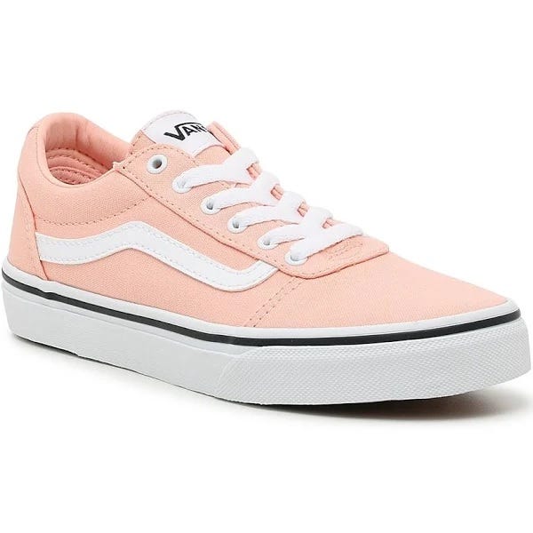 Pink canvas sneaker with white laces, a white side stripe, and a black-lined white sole.