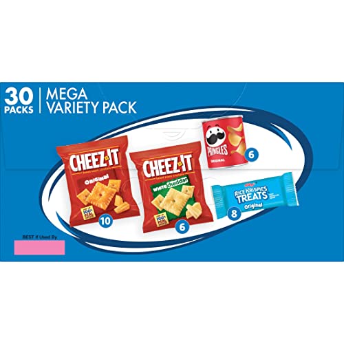 Kellogg's Variety Snack Pack with 30 individually wrapped packets includes Cheez-It Original and White Cheddar, and Rice Krispies Treats Original.
