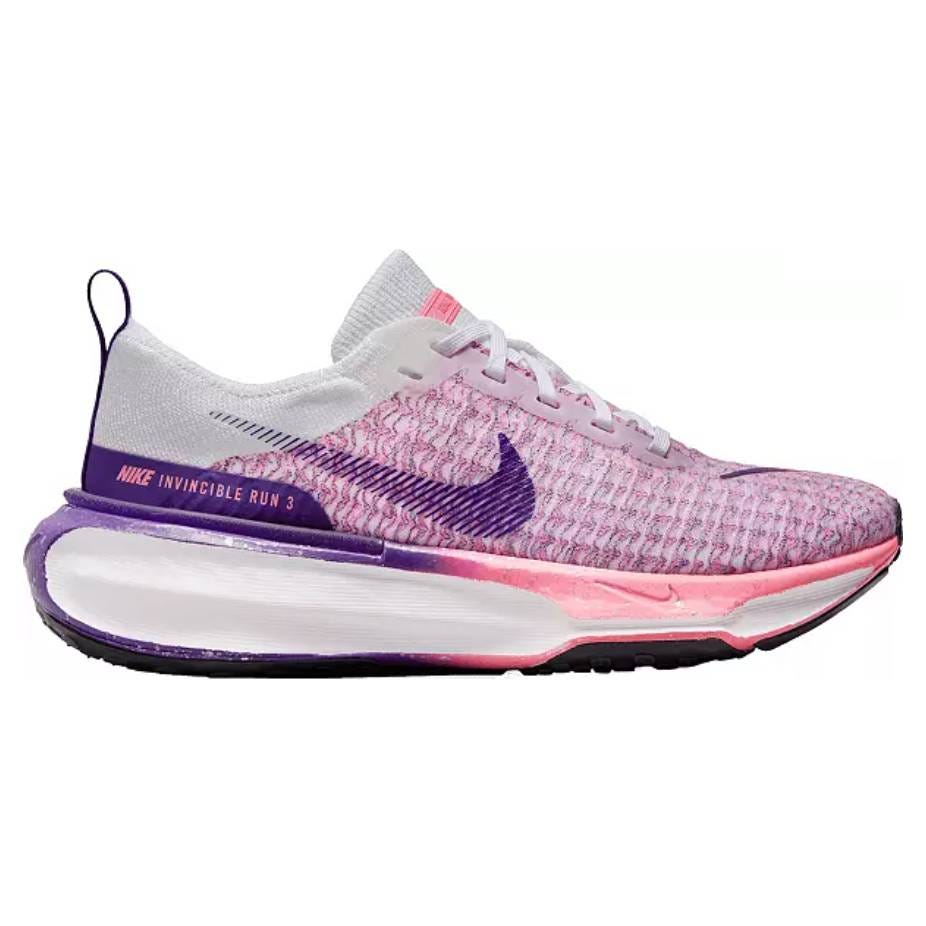 A Nike Invincible Run 3 sneaker in purple and pink hues with a white sole.