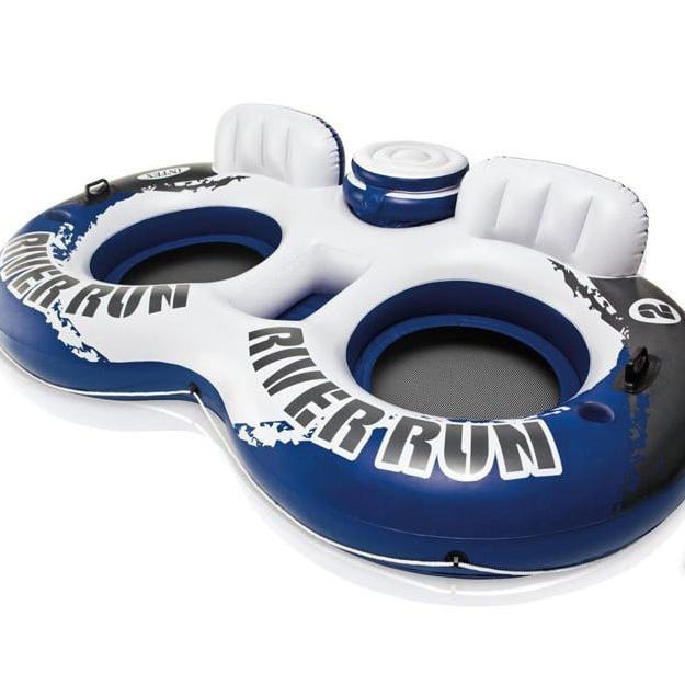 Inflatable double river tube with backrests, cup holders, and a central cooler. Designed for water activities, labeled \“River Run.\“