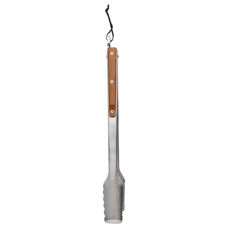 Stainless steel BBQ tongs with a wooden handle and a hanging loop. Features a serrated edge for a secure grip.