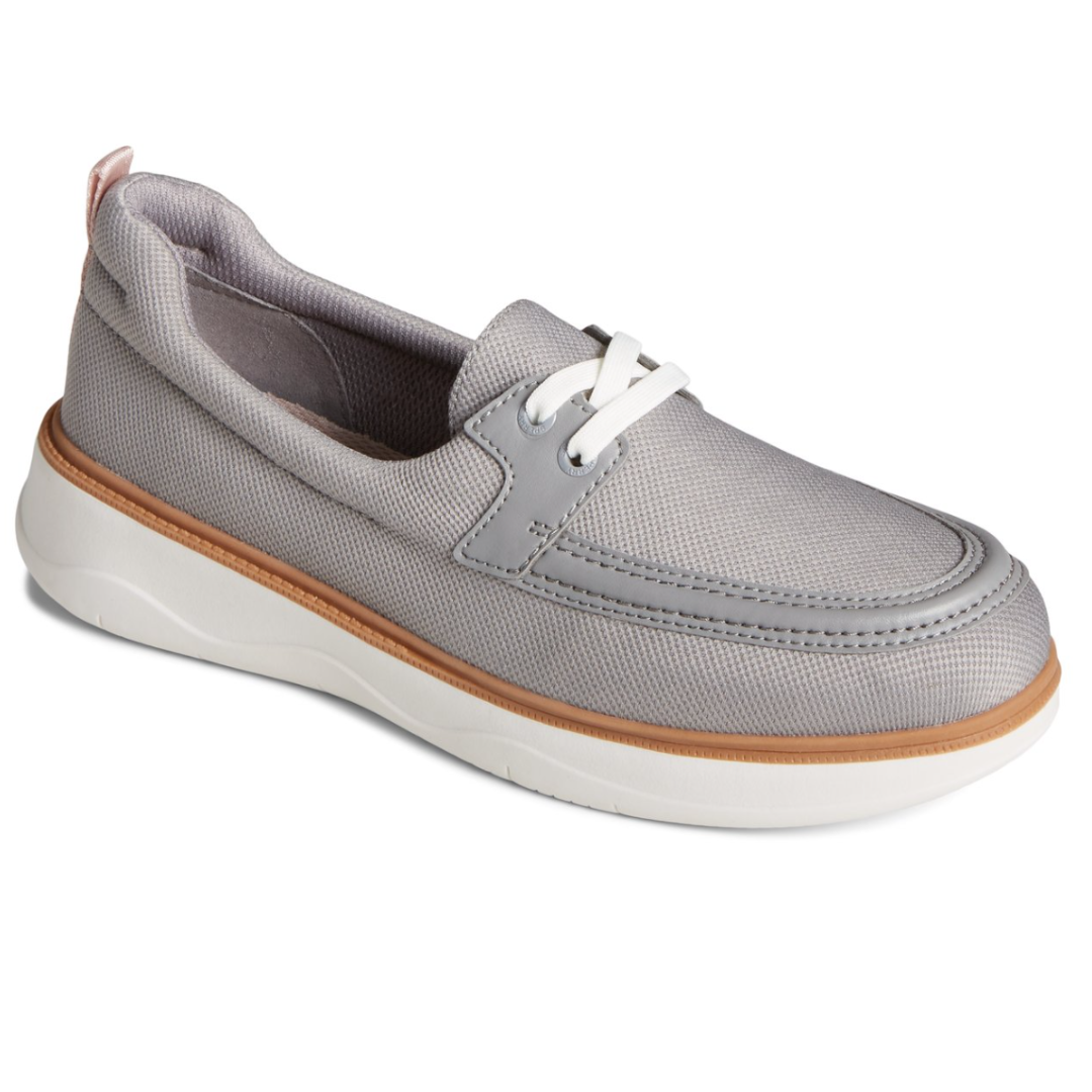 A gray Sperry Skipper Boat Shoe featuring a textured upper, white laces, and a white rubber sole with a tan accent.