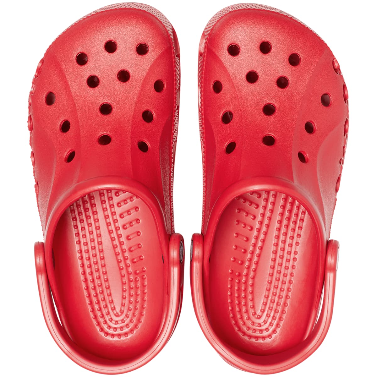 A pair of red slip-on, waterproof shoes with round perforations on the top.