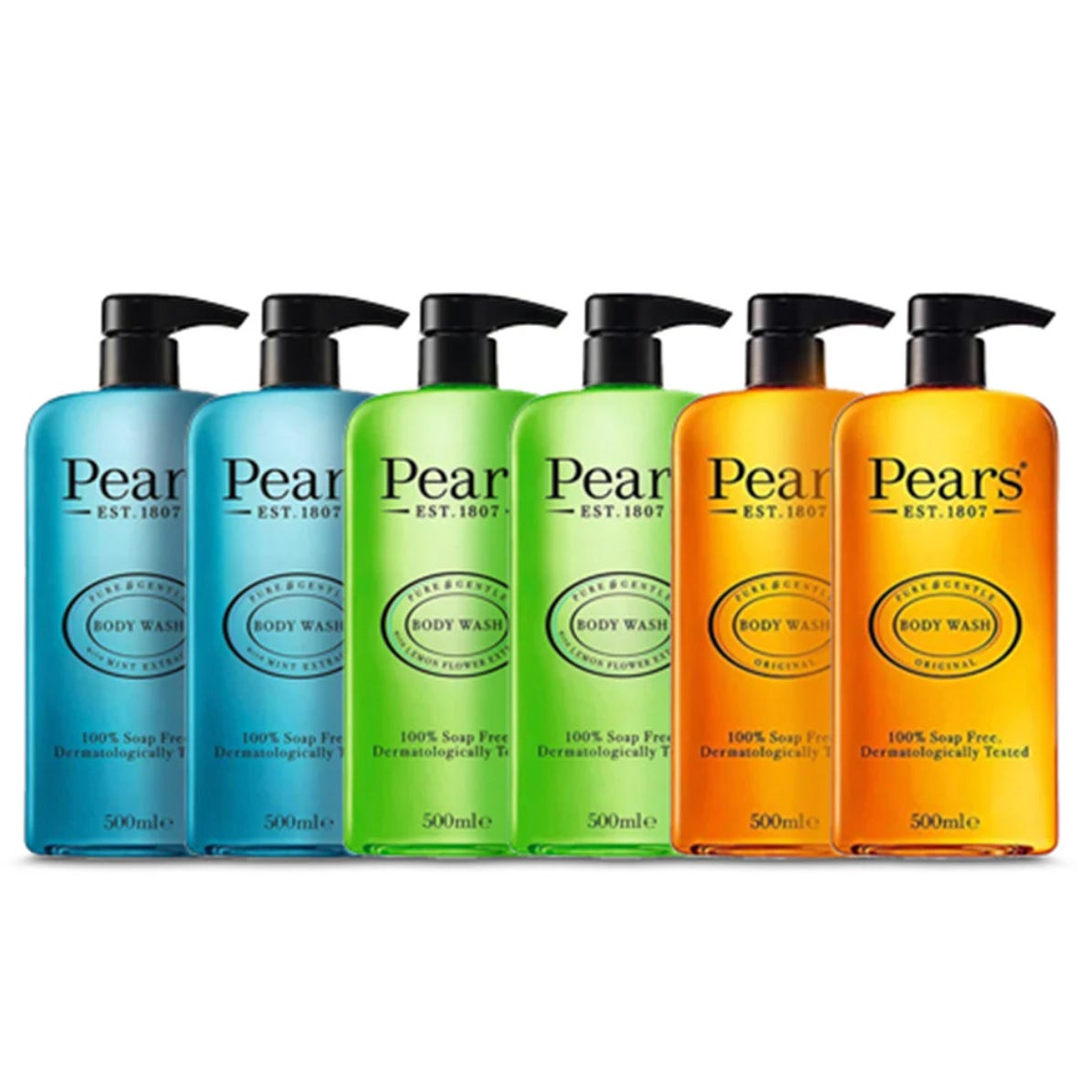 Six bottles of Pears body wash in various colors, each with a pump dispenser, labeled for 100% soap-free and dermatologically tested.