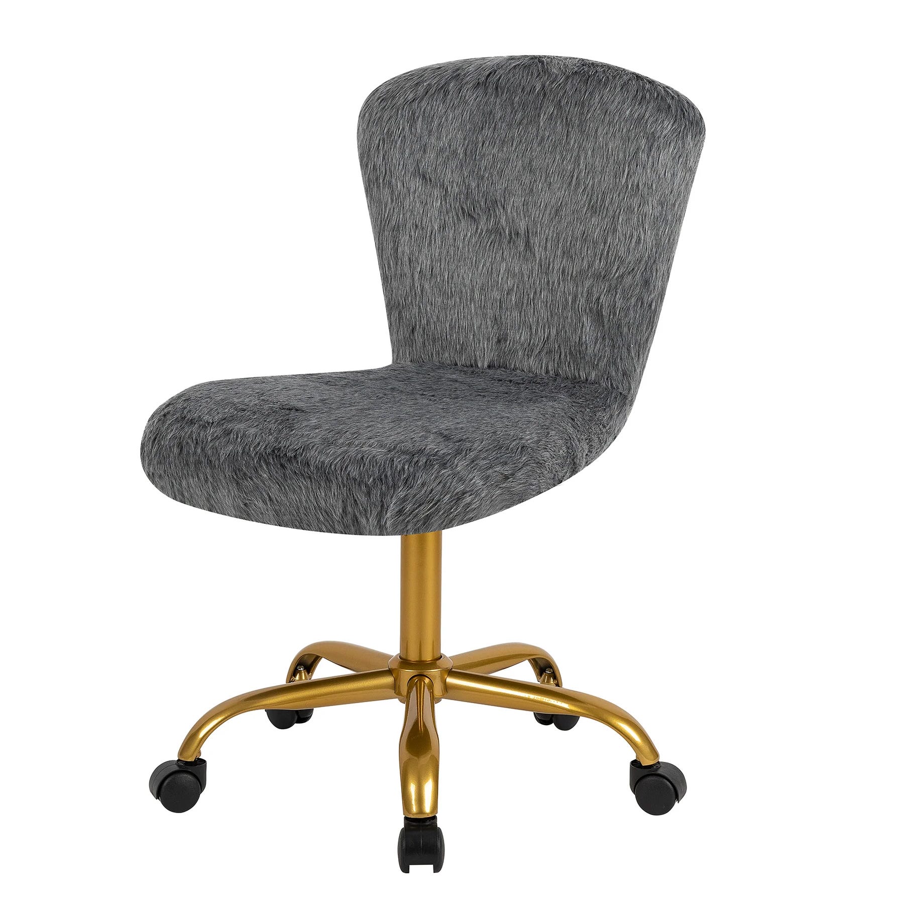 This is a gray furry adjustable office chair with a curved backrest and a gold-colored five-point wheeled base.