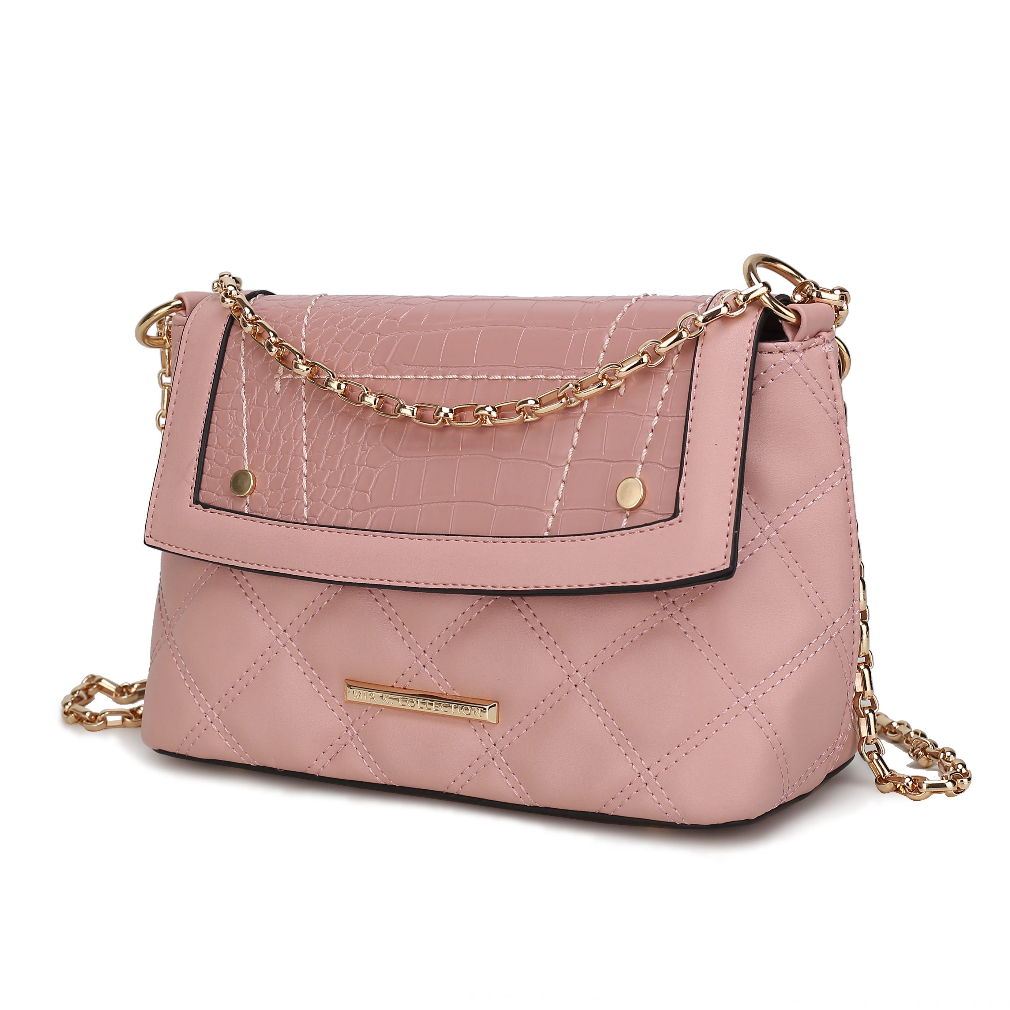 A pink quilted handbag with a crocodile pattern flap, gold chain strap, and gold-tone hardware accents.