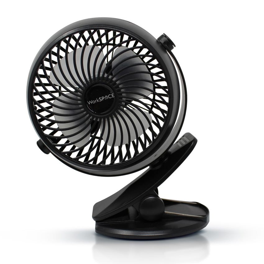 A small, black, portable desk fan with a clamp base, featuring a round protective grill and adjustable head.