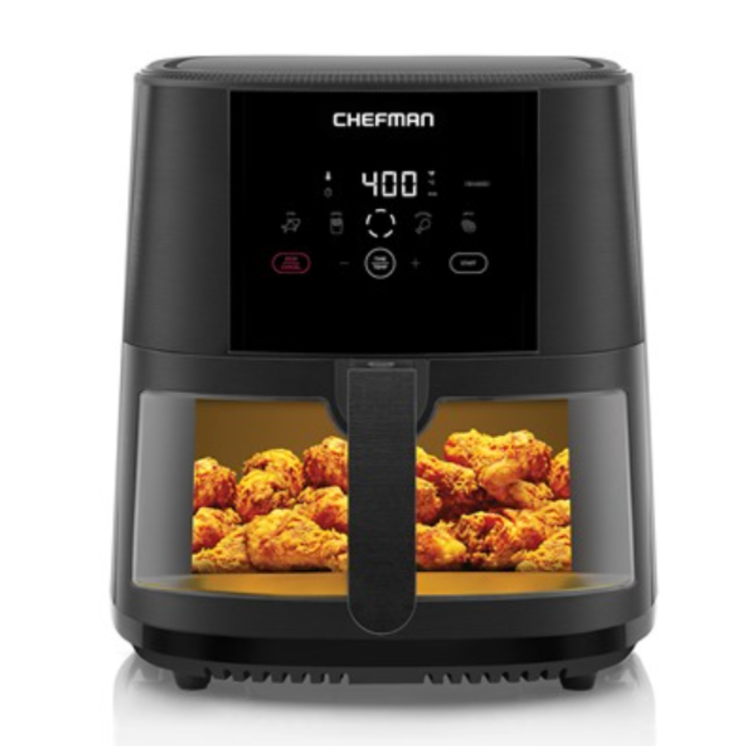An air fryer by Chefman featuring a digital display set at 400°F, showcasing fried chicken inside.