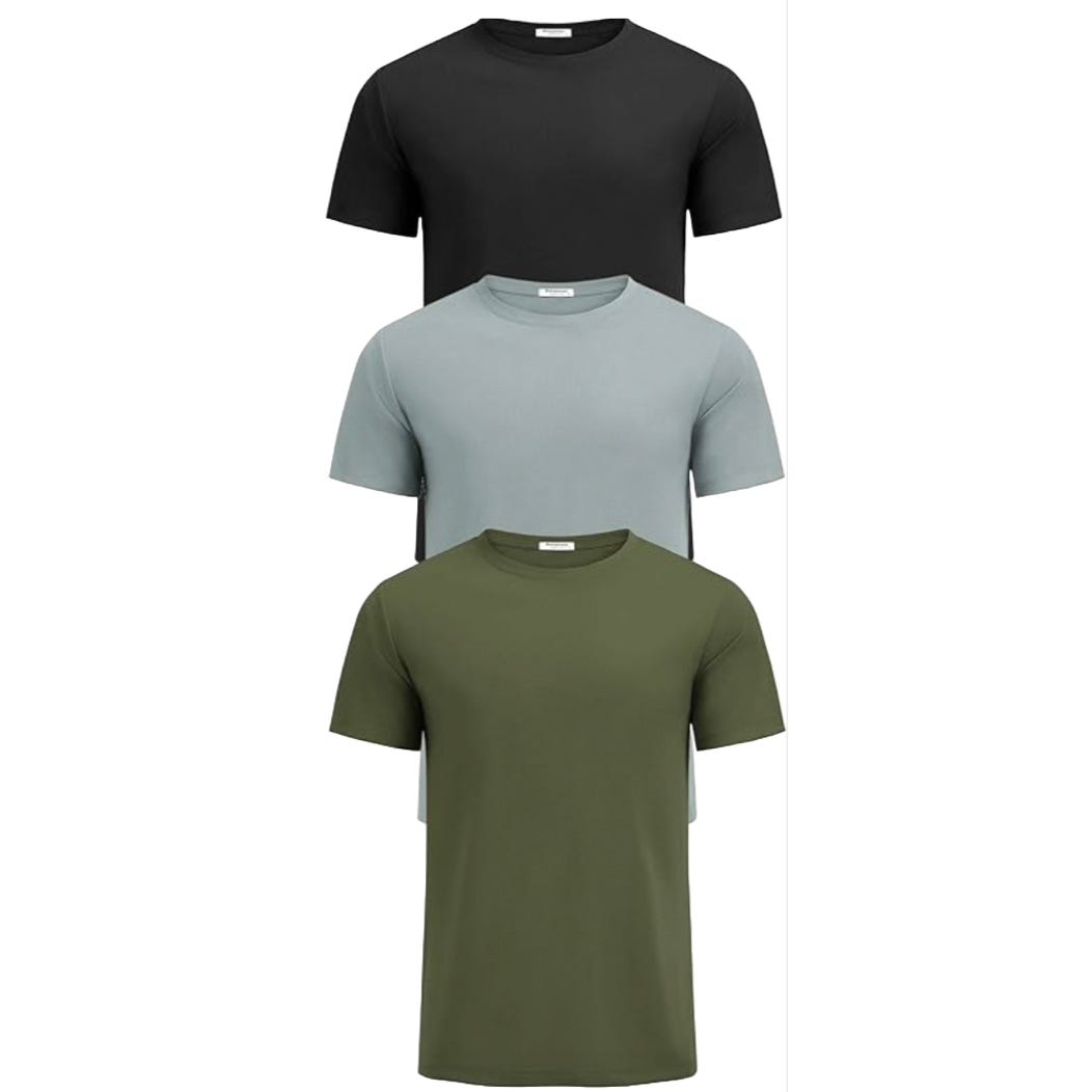 Set of three plain short-sleeve T-shirts in black, light gray, and olive green.