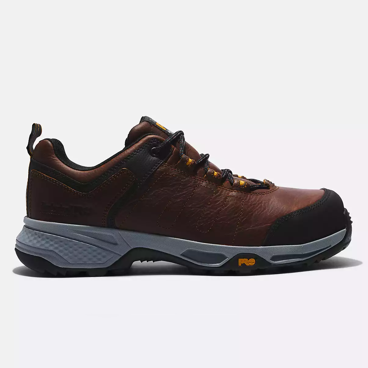 Men's brown leather work shoe with a black rubber sole and visible yellow \“PRO\“ logo on the side.