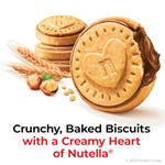 Crunchy, baked biscuits with a creamy heart of Nutella, displayed with hazelnuts, wheat, and a spread of Nutella.