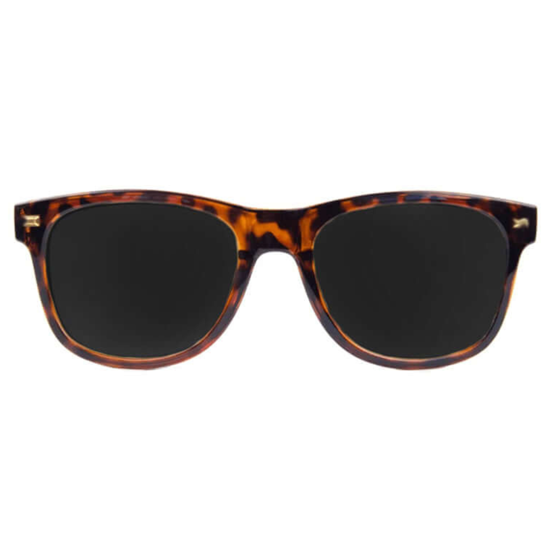 Tortoise-shell patterned sunglasses with a classic wayfarer design and dark lenses.