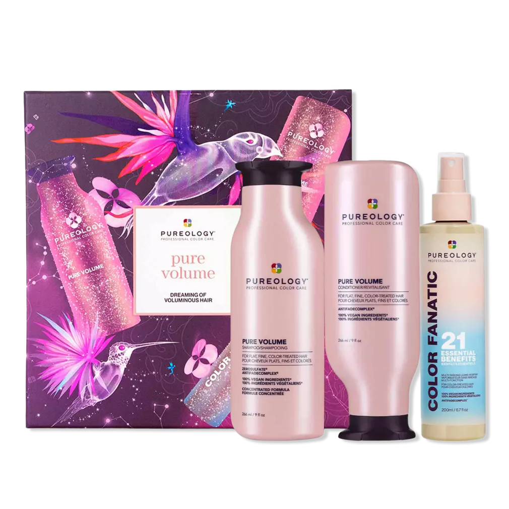 Pureology 3pc Holiday Hair Care Set includes Pure Volume shampoo and conditioner for enhancing volume in fine color-treated hair, along with Color Fanatic spray offering 21 essential benefits for color protection and hair health.