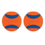 Two round orange and blue Chuckit! brand dog toys with prominent grooves and the Chuckit! logo embossed in the center.