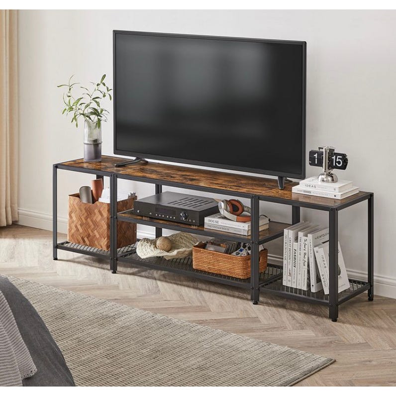 TV stand with metal frame and wood finish, holding a TV, books, clock, plant, and storage baskets.