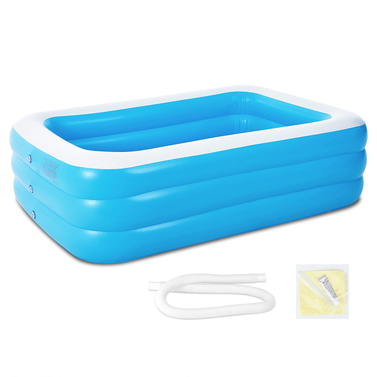 A rectangular inflatable pool in blue and white with an included white hose and repair patches.