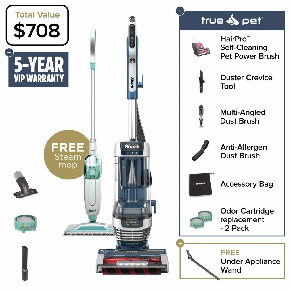 A Shark vacuum cleaner with accessories, including a pet power brush, crevice tool, dust brushes, odor cartridges, and a free steam mop and wand.