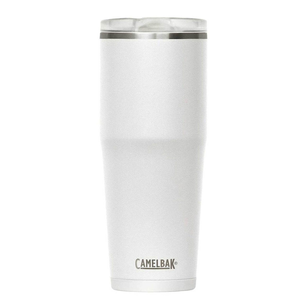 A white CamelBak tumbler with a lid, designed for maintaining the temperature of beverages.