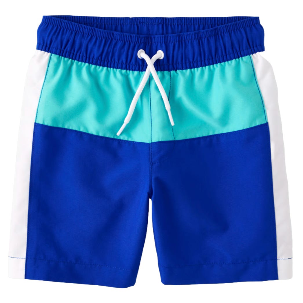 Boys' swim trunks featuring an elastic waistband with a white drawstring. The design includes a color block pattern with blue, turquoise, and white panels.