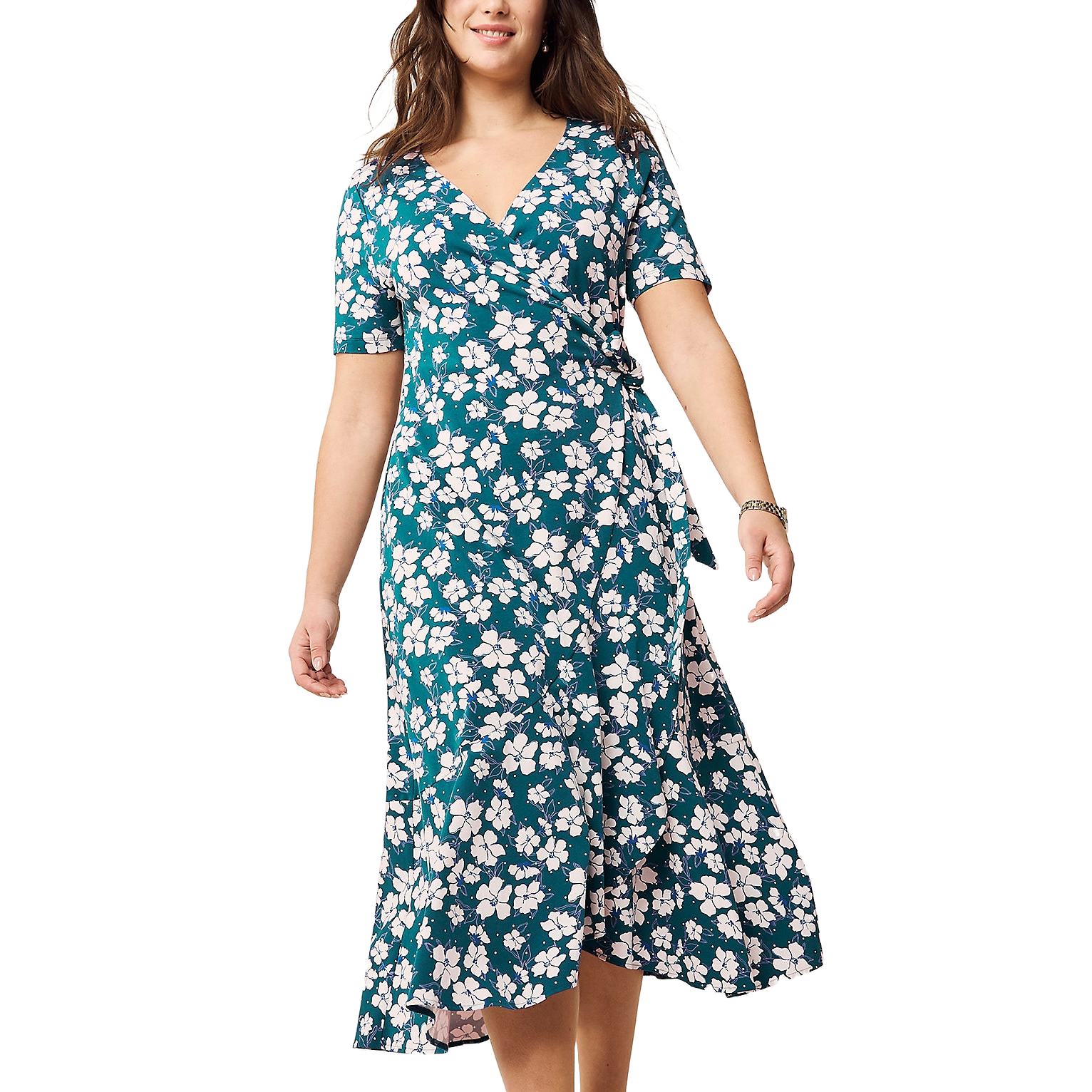 A teal wrap midi dress with white floral print, featuring short sleeves and a tie at the waist for a flattering fit. Made from a cotton-modal blend, this dress offers a soft, comfortable wear.