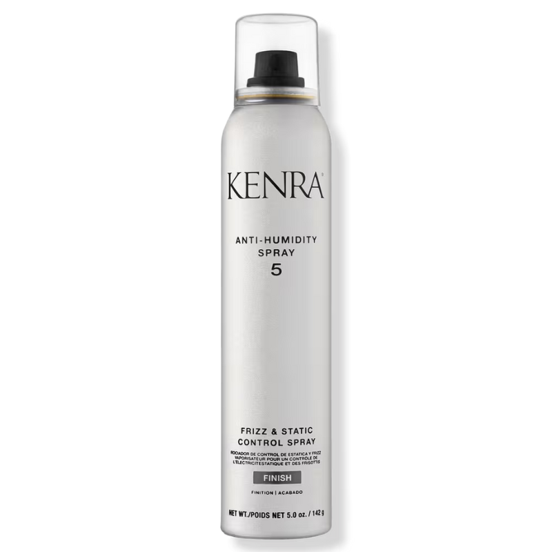 Kenra Anti-Humidity Spray 5 is a frizz and static control spray designed for hair finishing, offering protection against humidity. The can contains 5.0 oz (142 g).