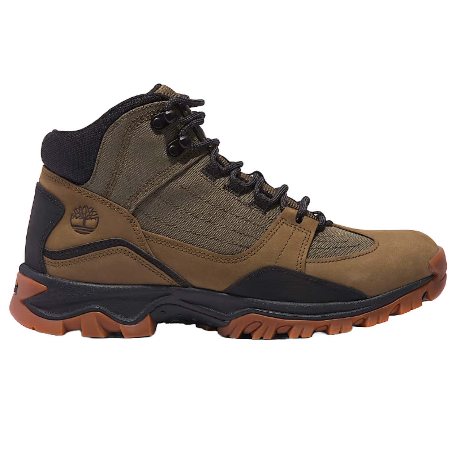 Timberland Mt. Maddsen Boots are rugged hiking boots with a brown leather and fabric upper, black accents, and a durable sole. They feature metal eyelets for lacing and the Timberland logo on the side.