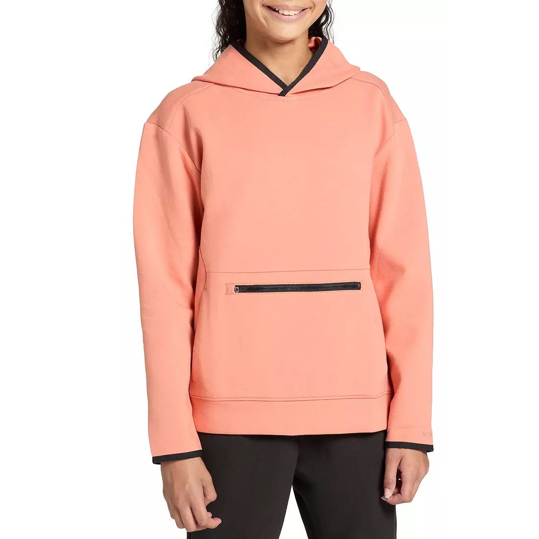 A coral-colored hoodie with a front zippered pocket, black edging on the cuffs and hood, and a relaxed fit.
