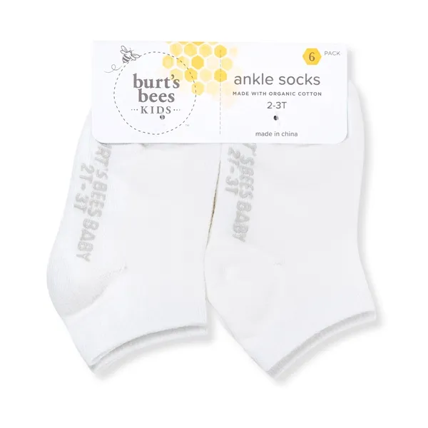 Burt's Bees Kids ankle socks, size 2-3T, come in a 6-pack. They are white, made with organic cotton, and manufactured in China.