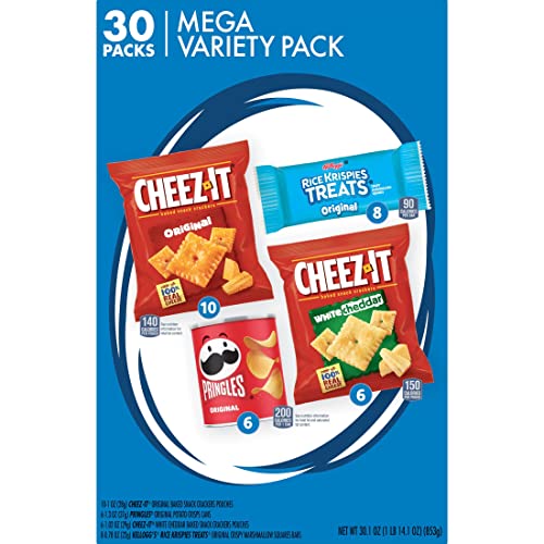 A 30-pack assortment of Kellogg's snacks featuring Cheez-It crackers in Original and White Cheddar flavors, Pringles Original, and Rice Krispies Treats.