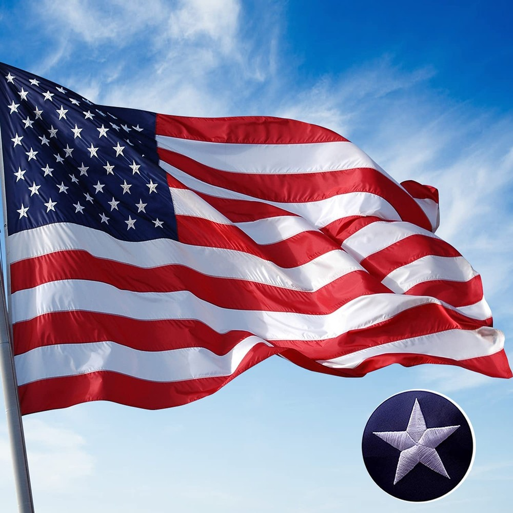 Two 3'x5' American flags with embroidered stars are shown. The flags feature red and white stripes with a blue field depicting white stars.