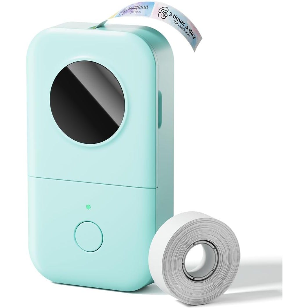 A compact, portable thermal label printer in light blue with an automatic cutter, featuring easy-to-use buttons and a roll of label paper beside it.