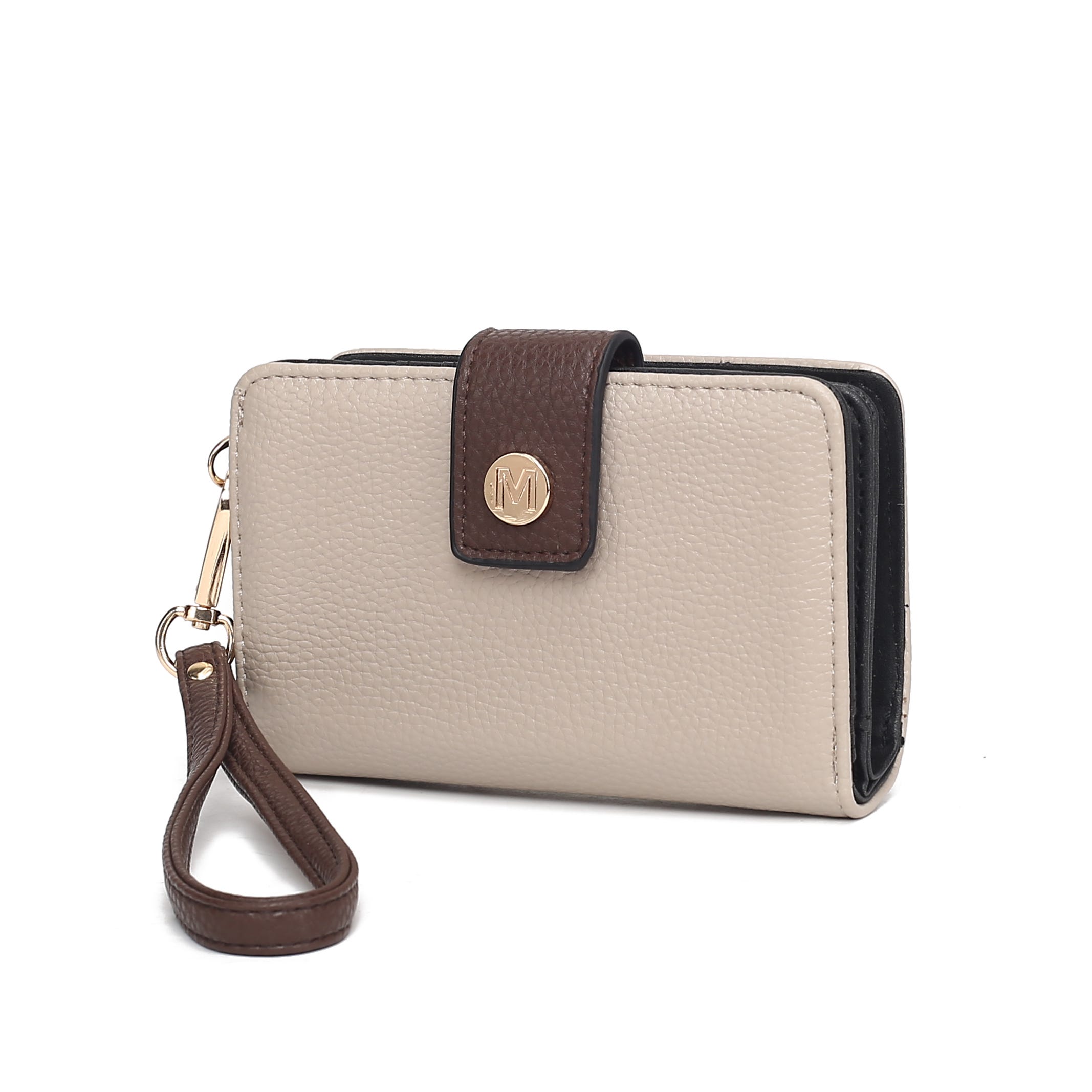 Beige and brown wallet with a wristlet and gold emblem detail.