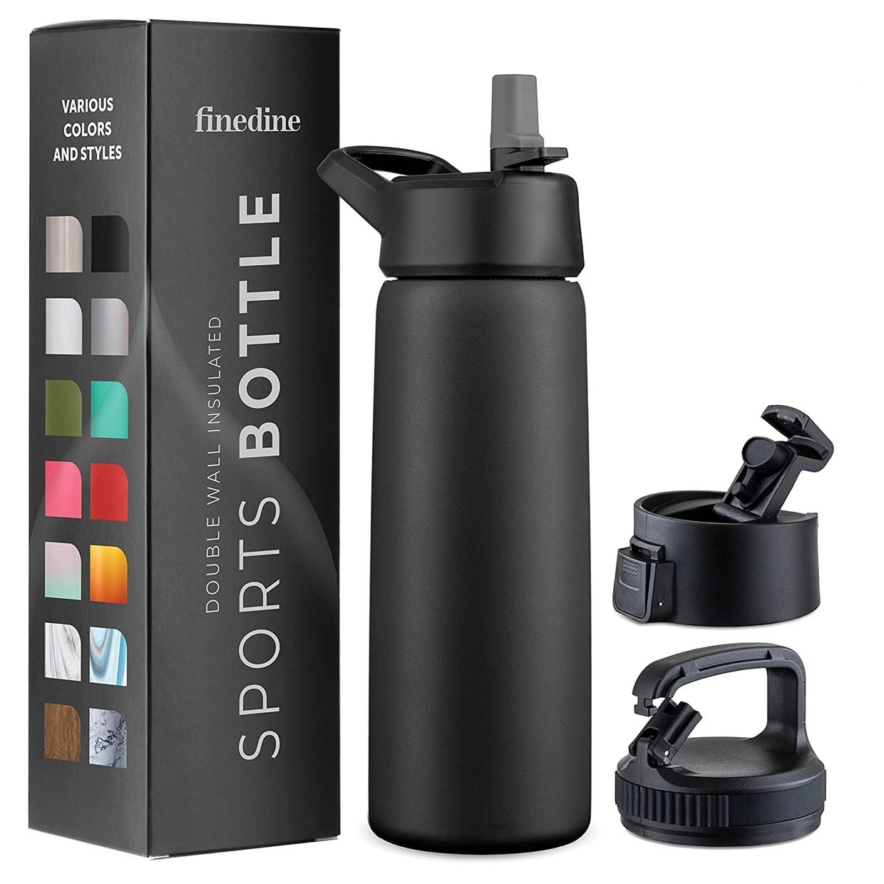 Black insulated sports bottle with a flip-top lid, next to its packaging showcasing color options.