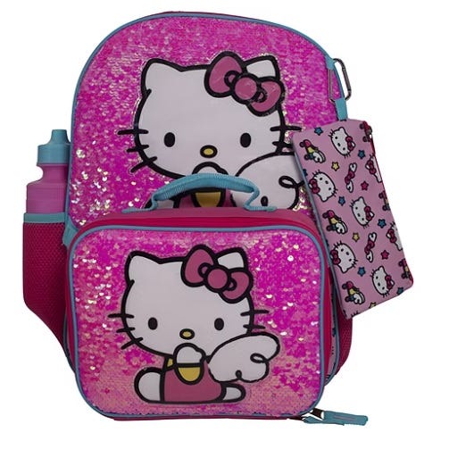 A pink sequined backpack set featuring Hello Kitty, including a main backpack, a matching lunchbox, a side water bottle holder, and a printed pouch.