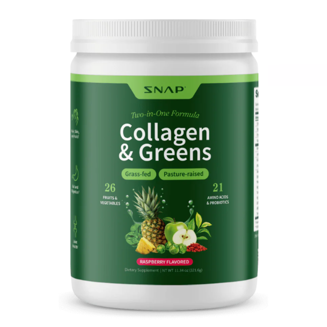 Snap Collagen & Greens is a two-in-one supplement with grass-fed, pasture-raised ingredients, featuring 26 fruits and vegetables, 21 amino acids and probiotics. It's raspberry flavored and comes in an 11.34 oz (321.6 g) container.