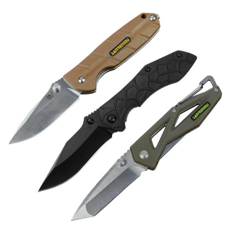 Three folding pocket knives with different handle designs, displayed open.