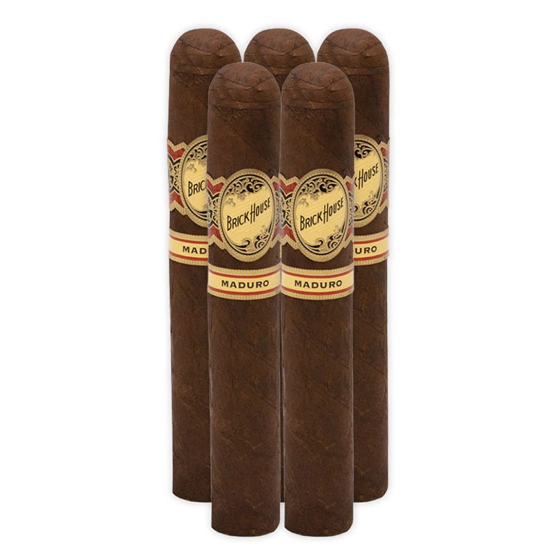 5-pack of Brick House Maduro cigars with a dark brown wrapper, featuring a decorative band with the logo.