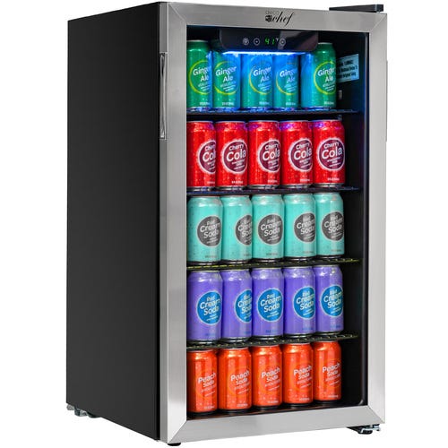 This is a mini fridge with a glass front door, stocked with various colorful soda cans, and an LED temperature display at the top.