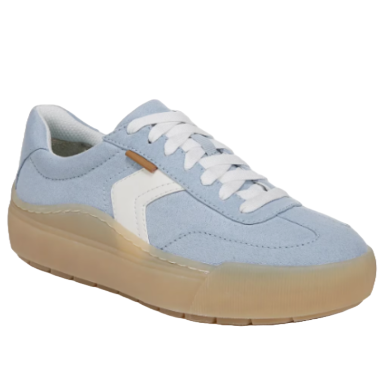 A light blue sneaker with a gum-colored sole, white laces, and a white side stripe.