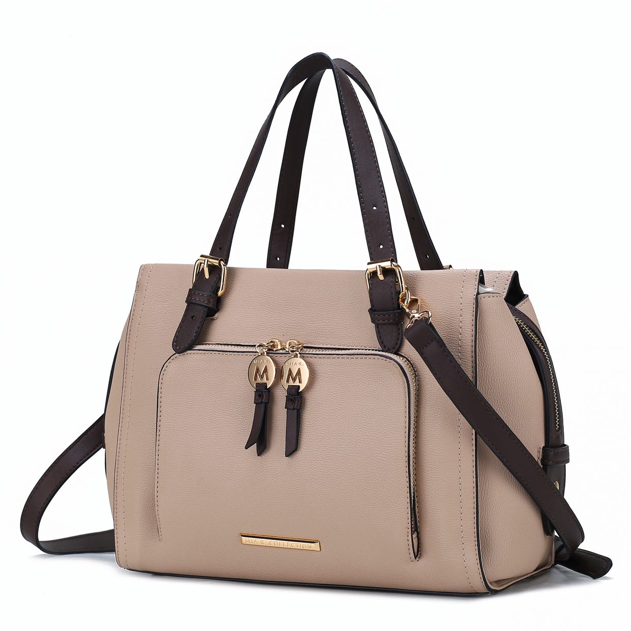 A taupe handbag with black handles, gold-tone hardware, and a detachable shoulder strap.