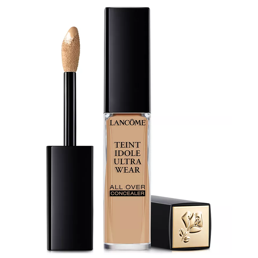 Lancôme Teint Idole Ultra Wear All Over Concealer in a sleek black and clear tube with applicator and embossed gold cap.