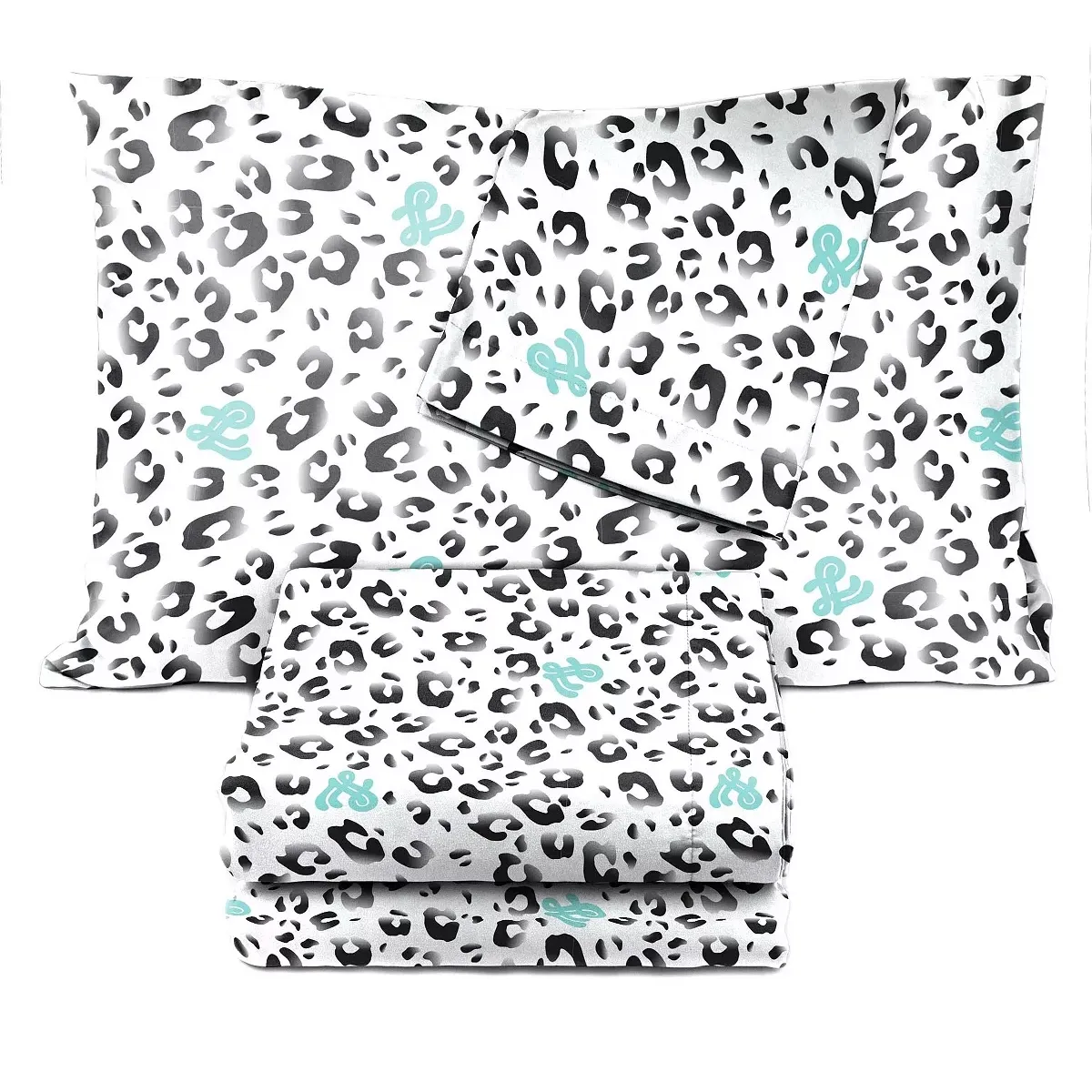 A set of leopard print bed linens with two pillowcases and a folded sheet, accented with blue motifs.