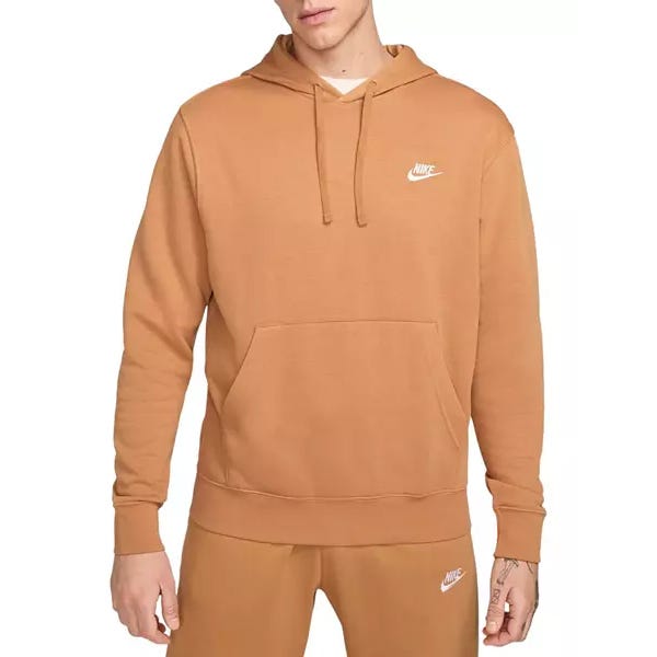 Nike Men's Sportswear Club Fleece Hoodie is a tan-colored, pullover hoodie with a front kangaroo pocket and adjustable drawstring hood, featuring the white Nike logo on the chest.