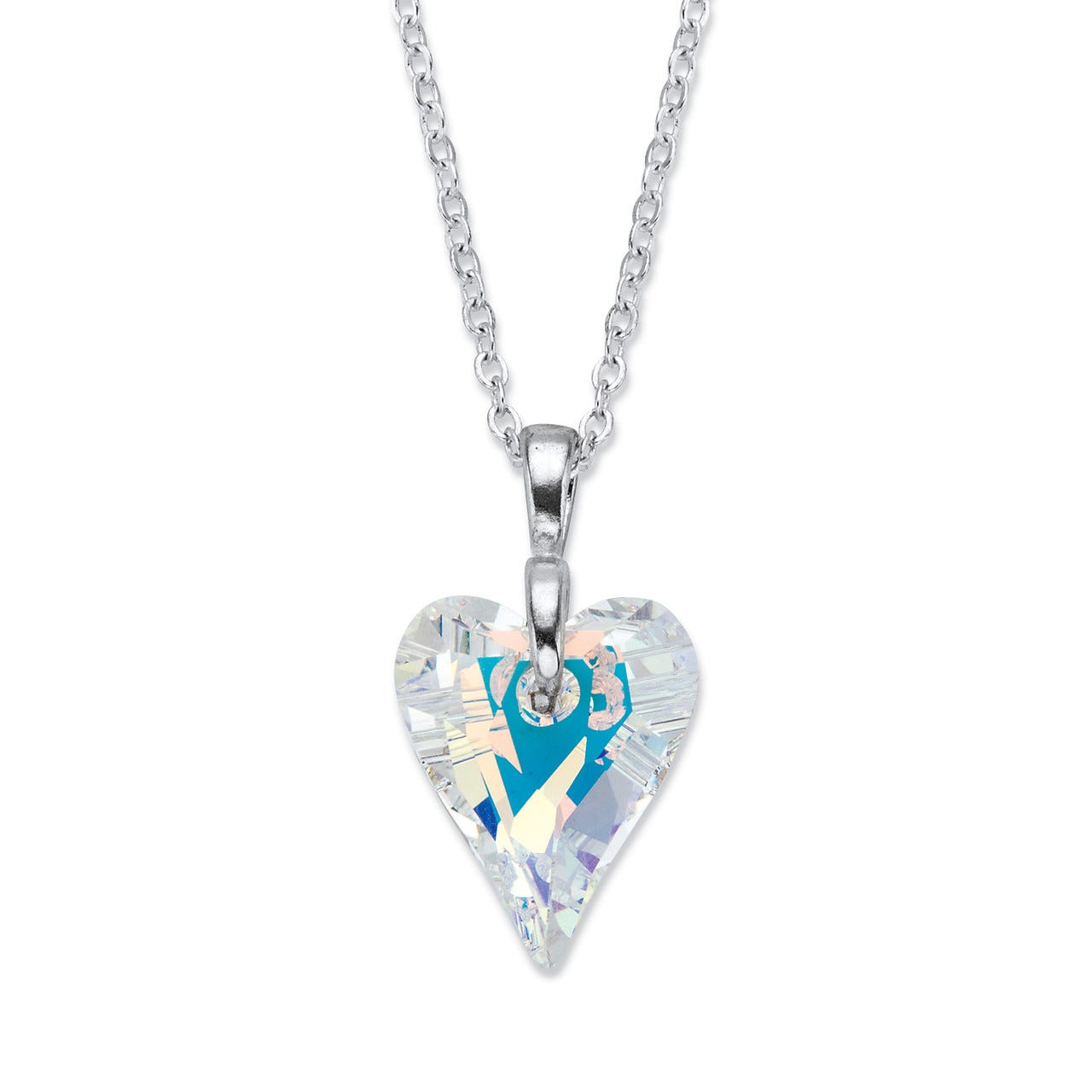 A heart-shaped Aurora Borealis crystal pendant featuring a prismatic effect, set on a silver chain. The necklace highlights a blue heart at the center of the crystal.