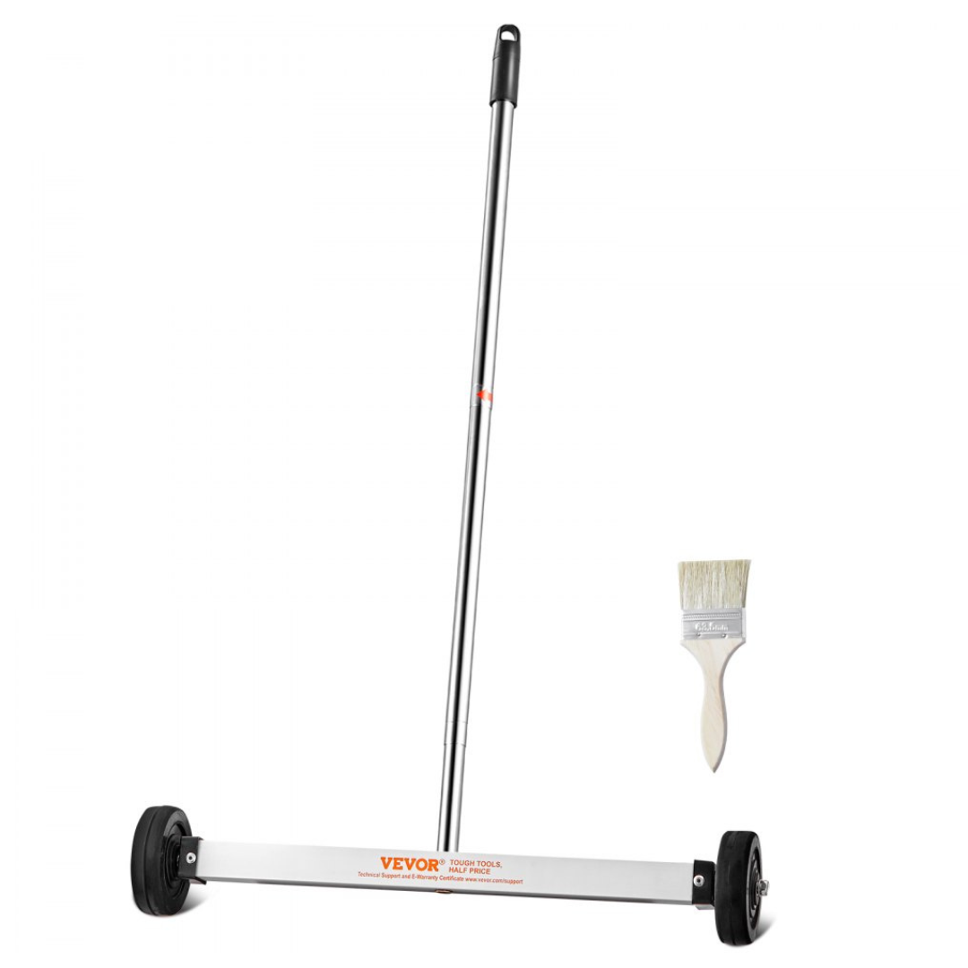VEVOR Magnetic Sweeper with a long handle and dual wheels designed for picking up metal debris, paired with a small brush.