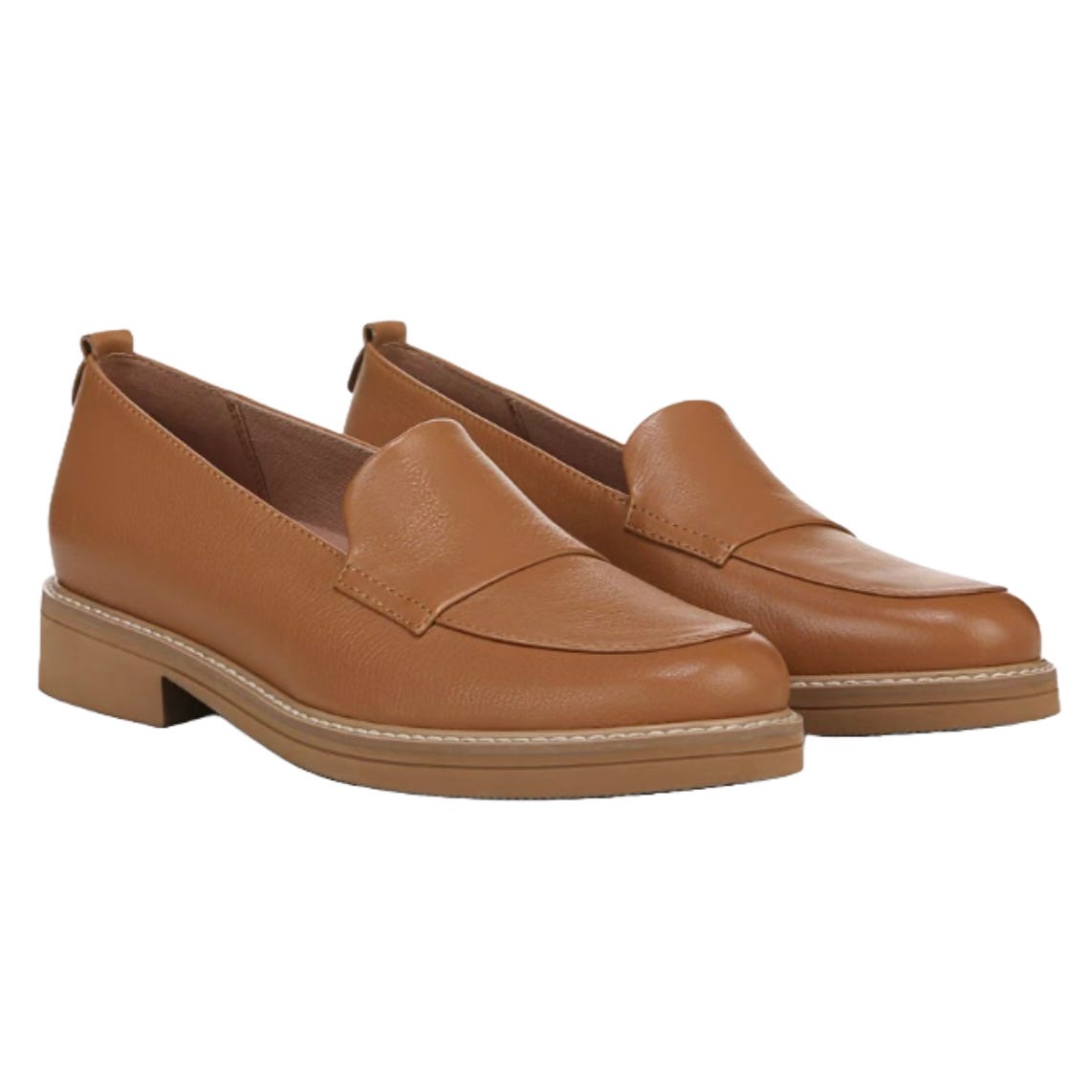 A pair of brown leather loafers with a low block heel and stitching detail along the sole.