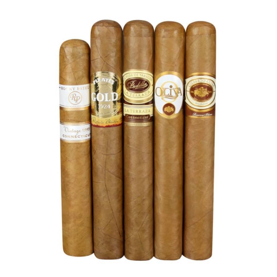 Five cigars with various labels are displayed side by side.