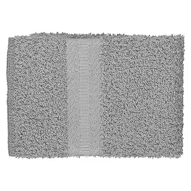 A textured gray bath towel with a central band featuring a different weave pattern.